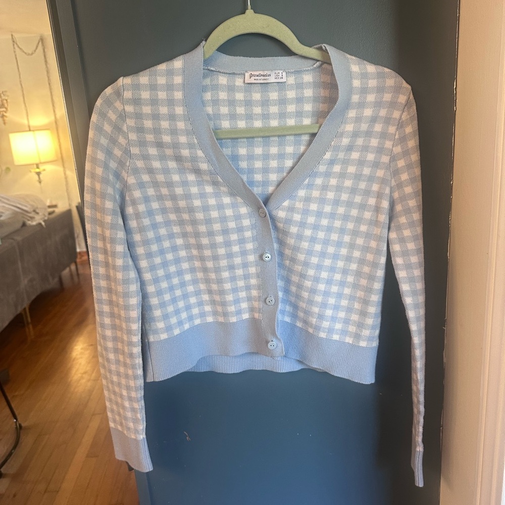 Stradivarius Light Blue Checkered Cardigan